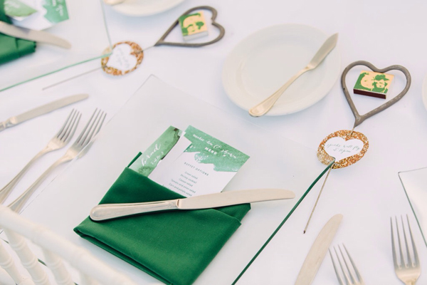 Emerald Green Watercolour theme wedding design: Menu & Sparklers / The Sweet Escape