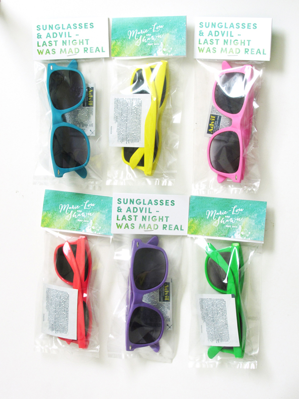 Emerald Green Watercolour theme wedding design: Sunglasses & Advil survival kit / The Sweet Escape