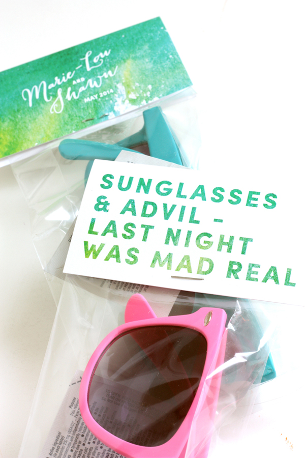 Wedding swag: Sunglasses & Advil, last night was mad real / The Sweet Escape