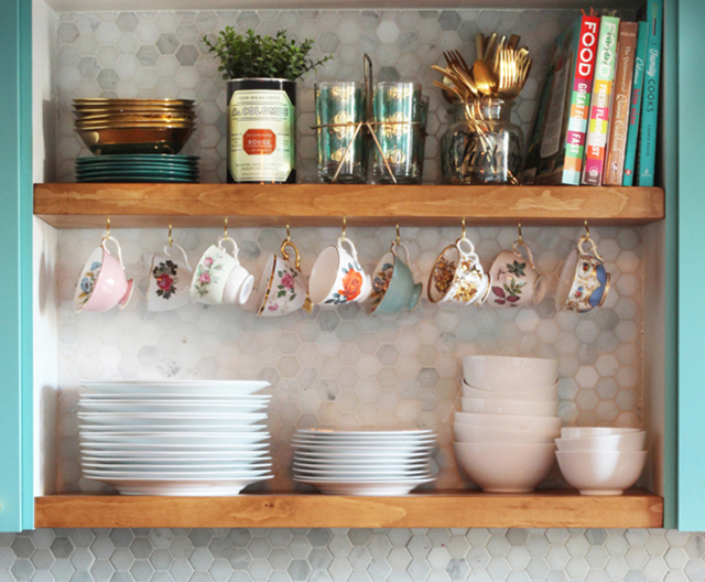 DIY open shelving, kitchen makeover, vintage tea cups, how to style your kitchen shelves