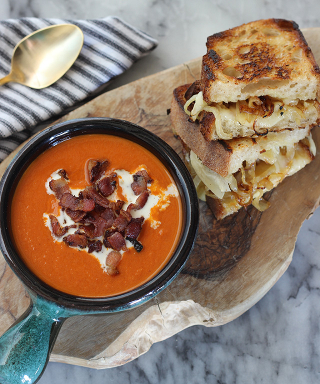 GOOD EATS: roasted garlic & onion grilled cheese and creamy tomato soup