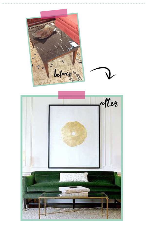 consignment furniture makeover/ Black marble coffee table  / The Sweet Escape
