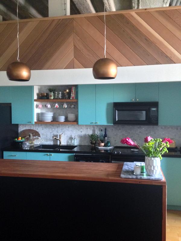 modern vintage, kitchen makeover, loft kitchen, turquoise kitchen, before and after, waterfall kitchen island, the sweet escape