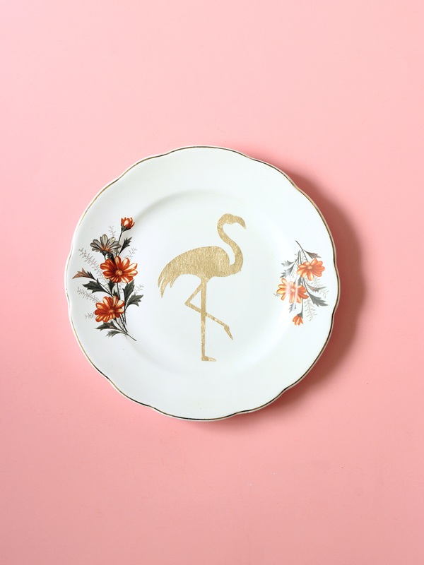 Flamingo repurposed vintage plate gold leaf design by The Sweet Escape