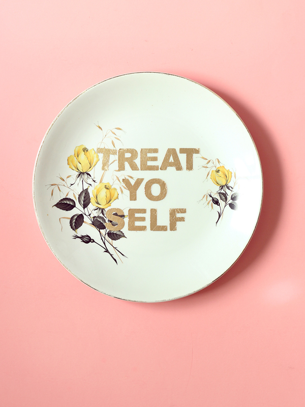 TREAT YO SELF repurposed vintage plate gold leaf design by The Sweet Escape