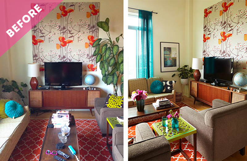 living room, loft, makeover, mid-century modern